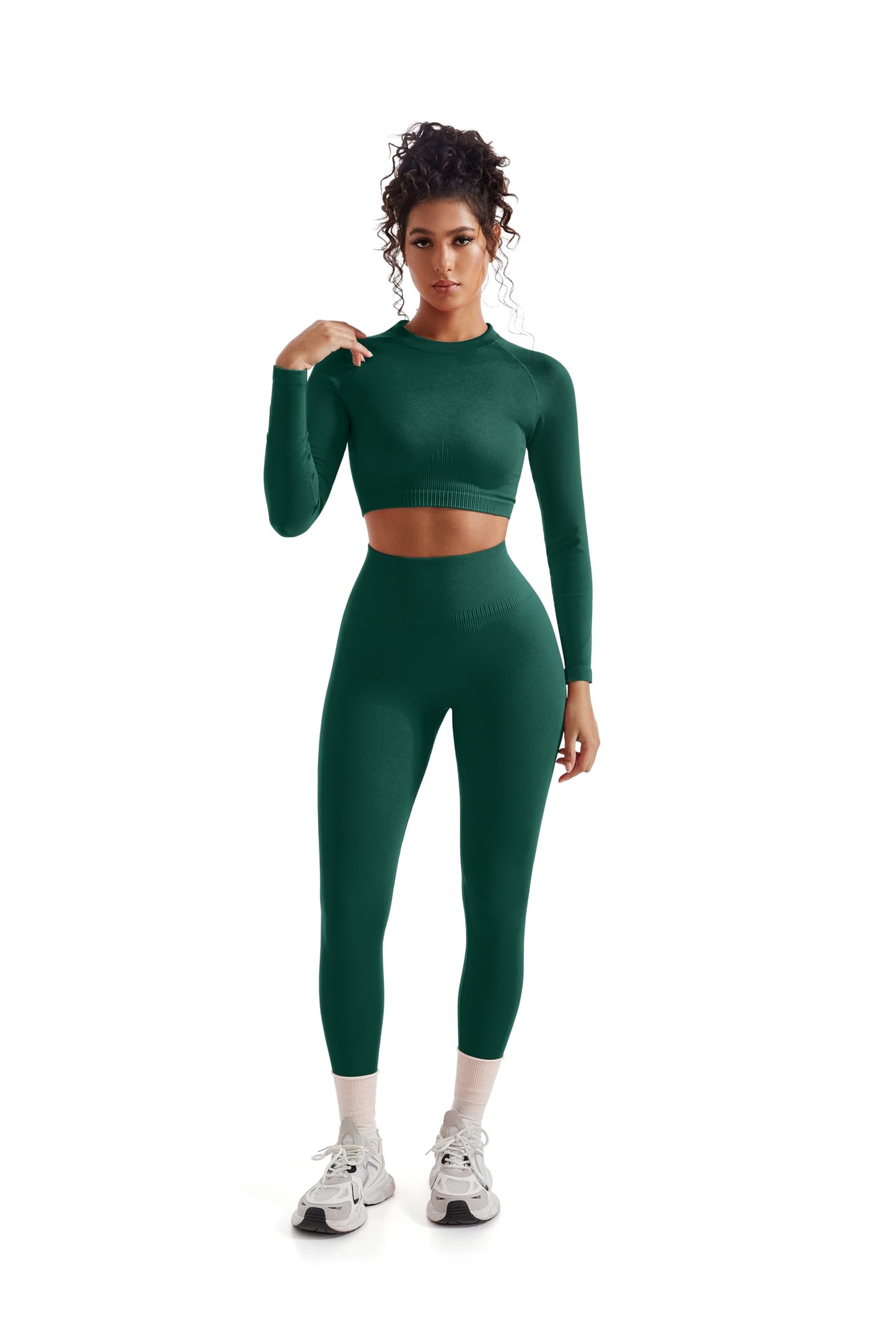 SUUKSESS Women 2 Piece Workout Sets Hidden Scrunch Hip Lifting Seamless Leggings Long Sleeve Yoga Crop Tops High Waisted Yoga Pants Tracksuits (Green, XS)