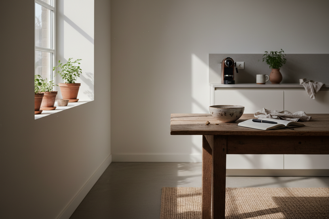 Calm morning kitchen scene with a notebook and table, representing a simple and consistent approach to lifestyle change