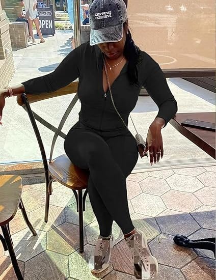 UOUA Two Piece Outfits Women Tracksuit Sets Long Sleeve Zip Up Jacket & Leggings for Gym Workout Set Black L