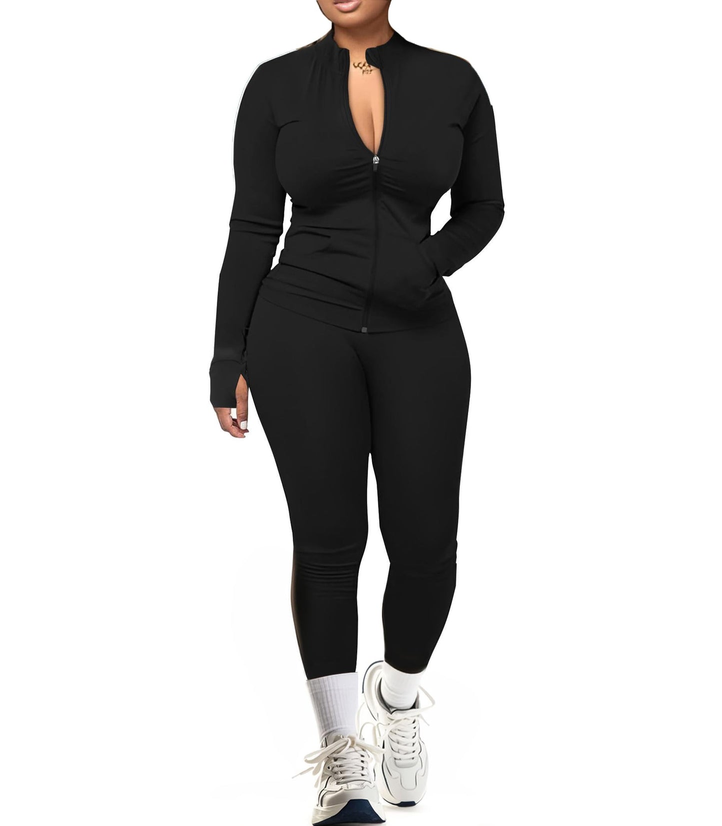 UOUA Two Piece Outfits Women Tracksuit Sets Long Sleeve Zip Up Jacket & Leggings for Gym Workout Set Black L