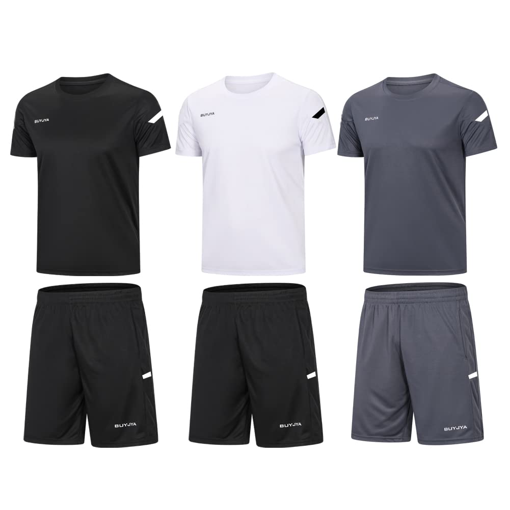 BUYJYA Men's Workout Clothes Athletic Shorts Shirt Set 3 Pack Basketball Football Training Running Gym Christmas gifts