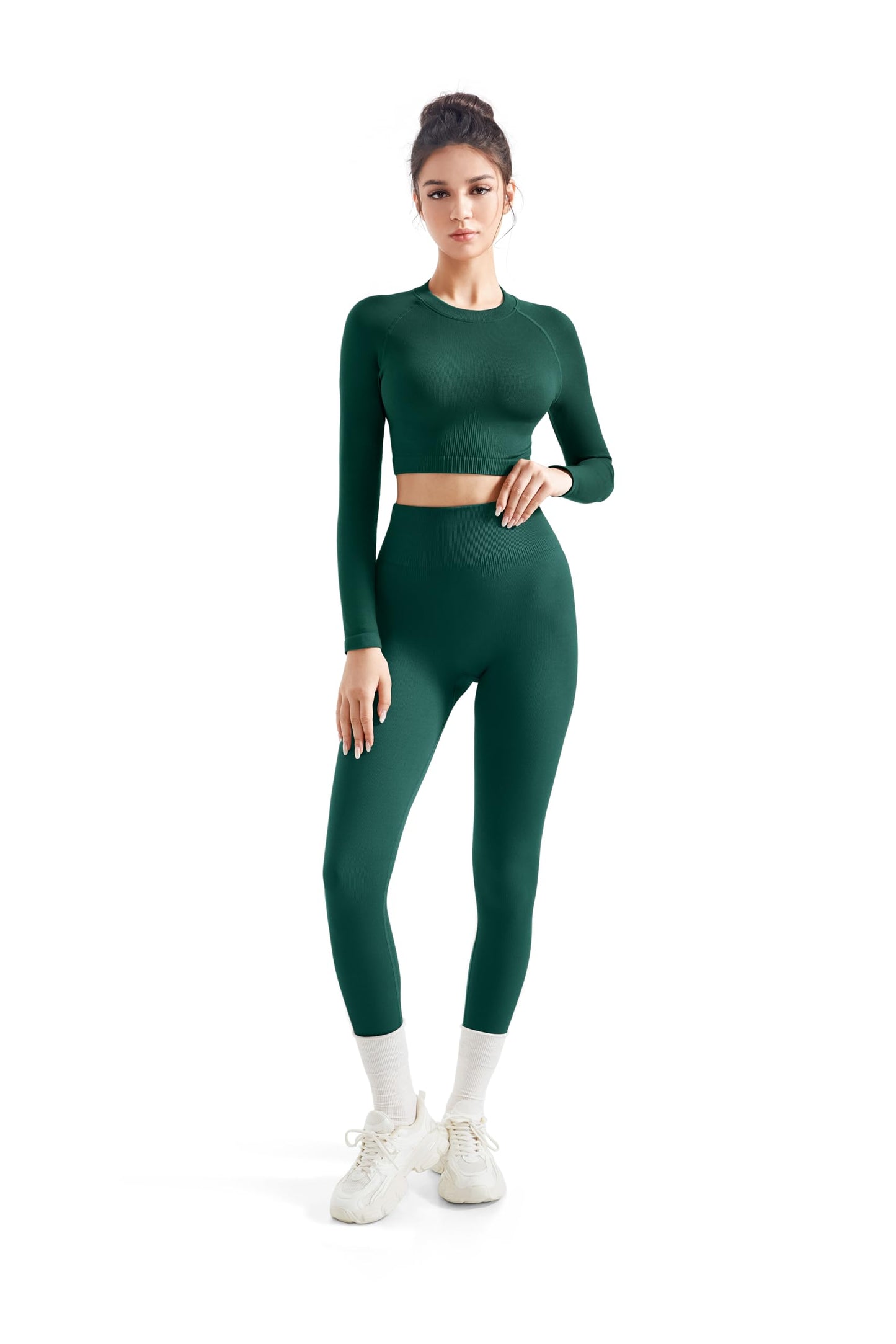 SUUKSESS Women 2 Piece Workout Sets Hidden Scrunch Hip Lifting Seamless Leggings Long Sleeve Yoga Crop Tops High Waisted Yoga Pants Tracksuits (Green, XS)
