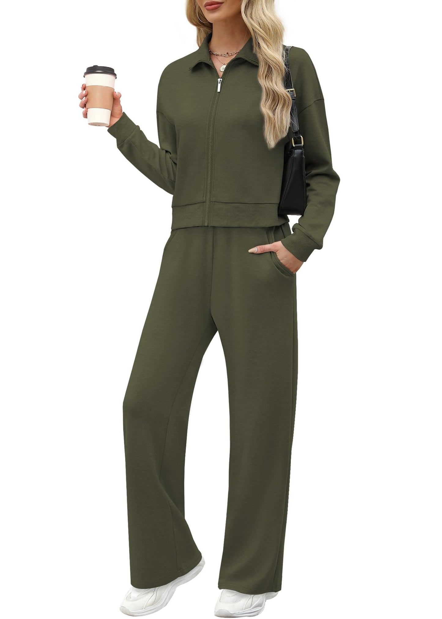 XIEERDUO Women 2 Piece Outfits Sweatsuit Sweatshirt Sweatpants Lounge Matching Set 2025 Fall Fashion Trendy Travel Airport Army Green L
