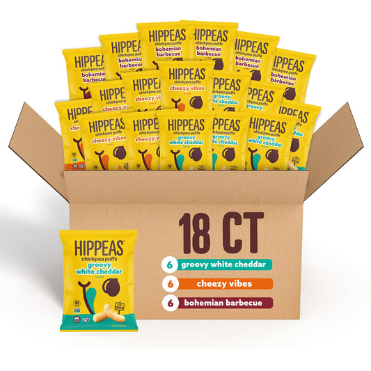 Hippeas Chickpea Puffs, Variety Pack: Vegan White Cheddar, Nacho Vibes, Barbecue, Sriracha, 0.8 Ounce (Pack of 18), 3g Protein, 2g Fiber, Vegan, Gluten-Free, Crunchy, Plant Protein Snacks