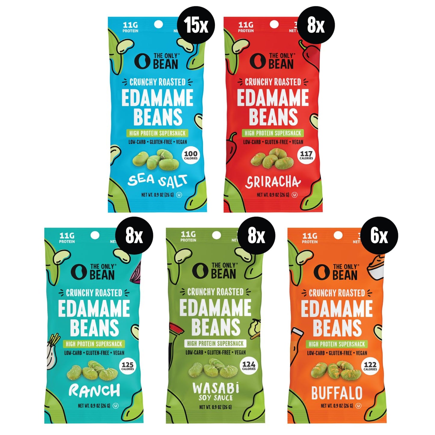 The Only Bean High Protein Snacks, Healthy Office Snacks, Healthy Snacks for Adults and Kids for Lunch, Vegan, Low Carb & Gluten Free - Edamame Beans Snack, Variety Pack - 0.9oz (Pack of 45)