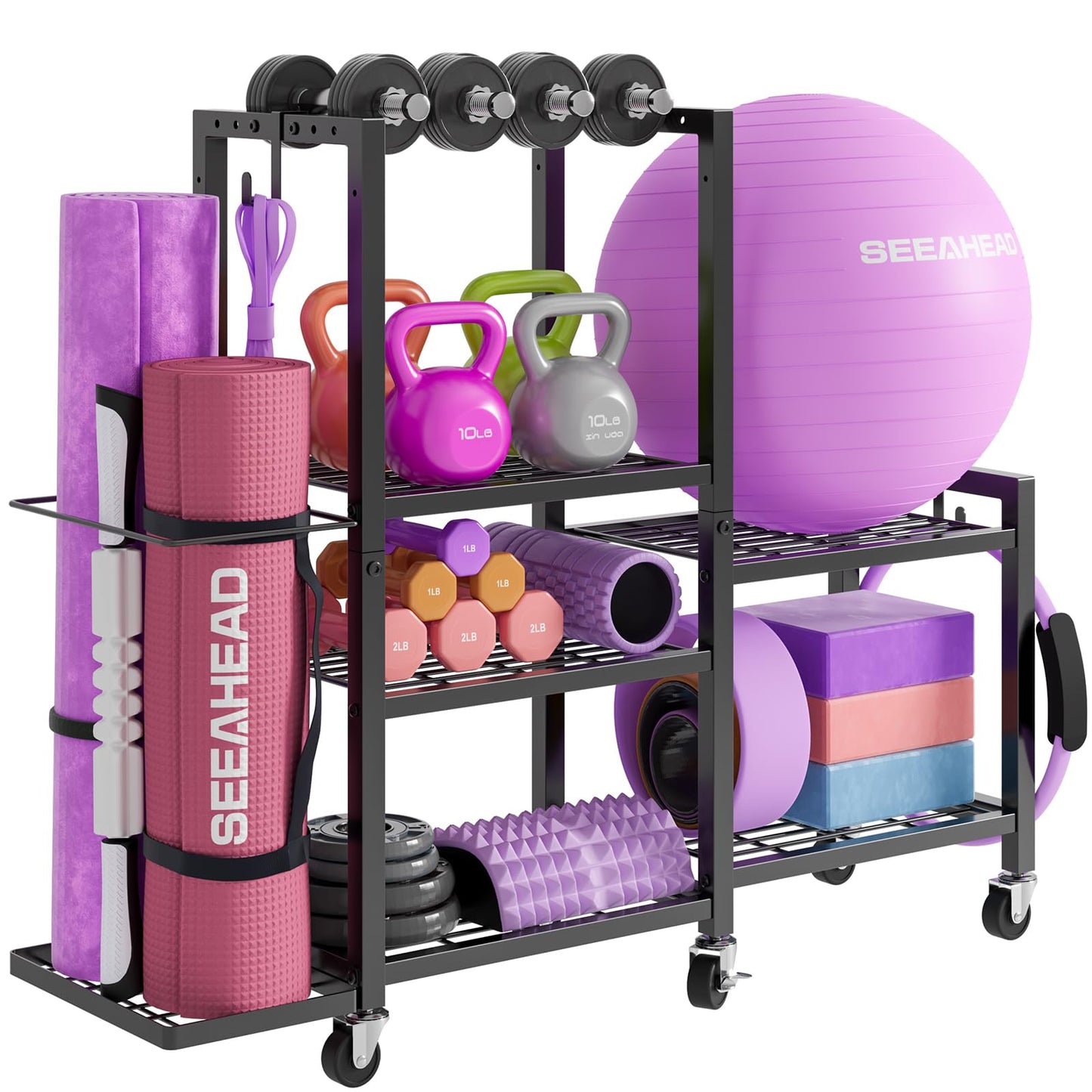 6-Tier Home Gym Storage Rack with Wheels, Dumbbell Weight Rack and Yoga Mat Organizer, Multi-Purpose Gym Equipment Storage Stand for Home Gym Accessories