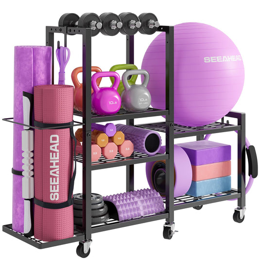 6-Tier Home Gym Storage Rack with Wheels, Dumbbell Weight Rack and Yoga Mat Organizer, Multi-Purpose Gym Equipment Storage Stand for Home Gym Accessories