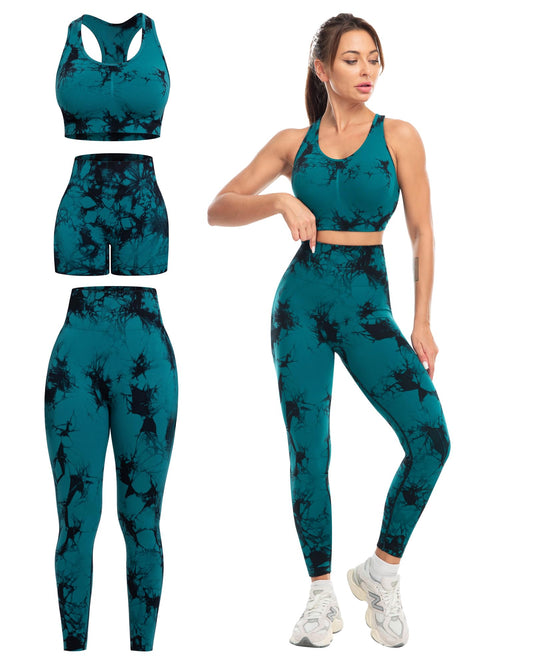 SALSPOR 3 Piece Workout Sets for Women Butt Lifting Leggings with High Impact Sports Bra Gym Shorts Activewear Matching Set(3DWX-Tie Dye Green-M)