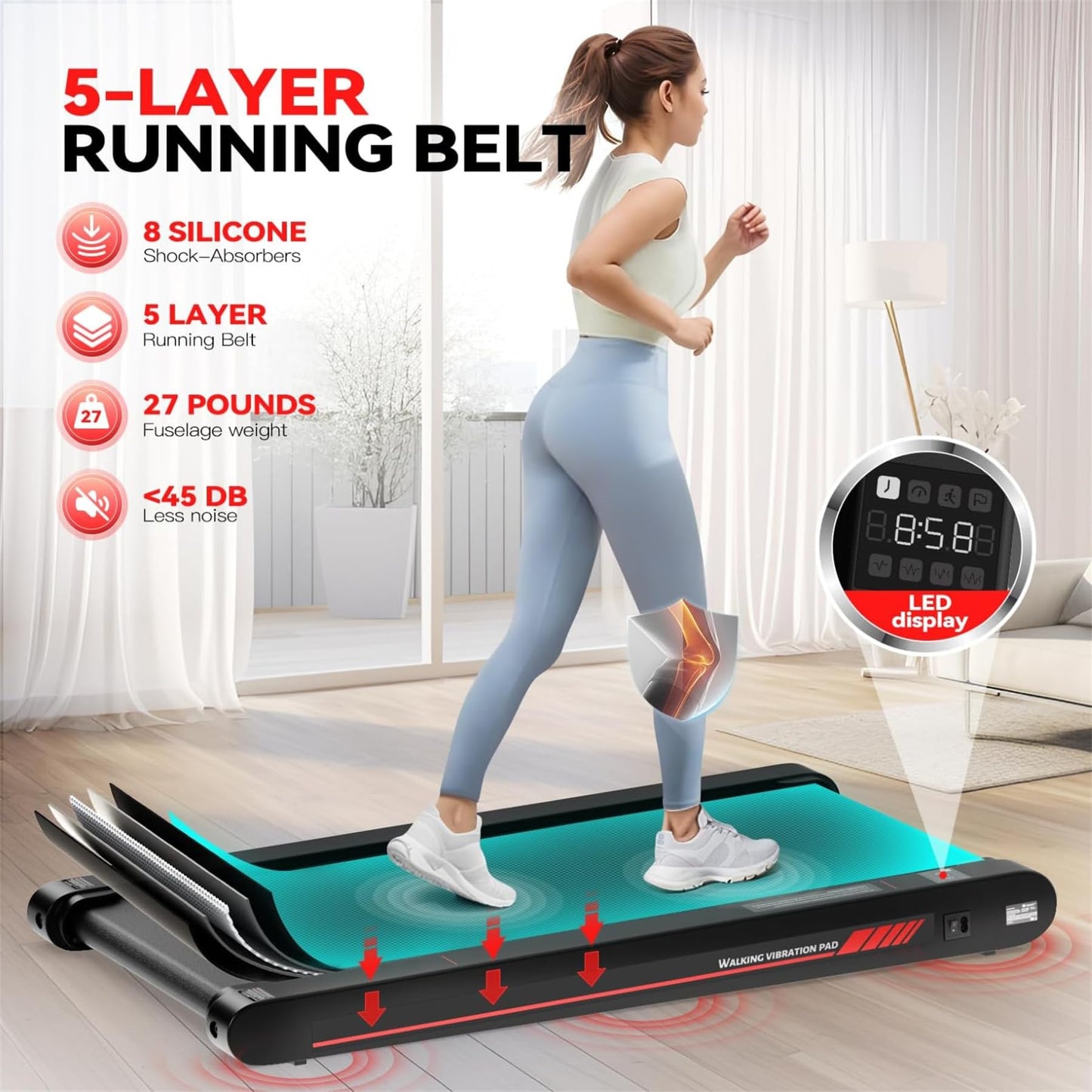Walking Pad Treadmill with APP, 3 in 1 Under Desk Treadmills, 2.5HP Low Noise Walking Vibration Pad with Remote Control,Portable Treadmill for Home Office, Red