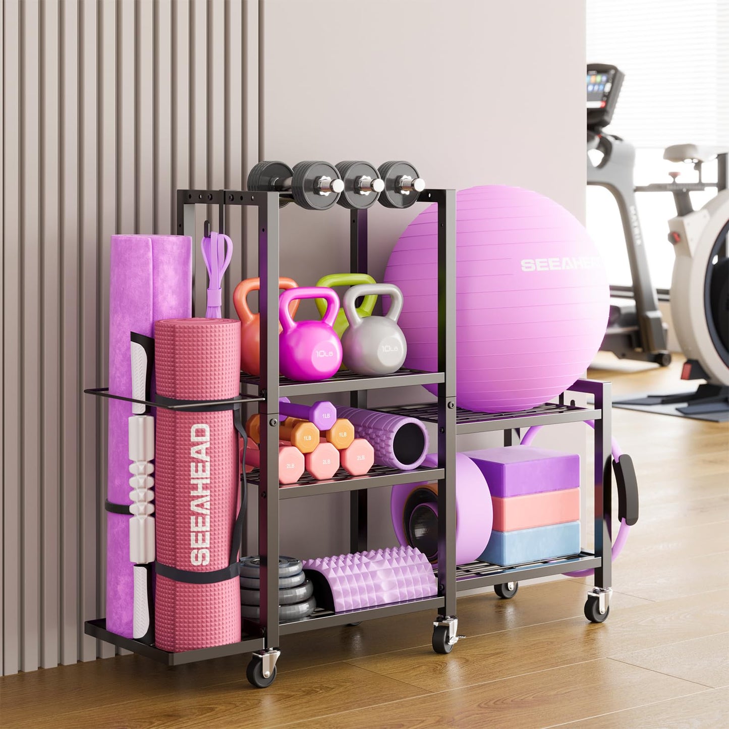 6-Tier Home Gym Storage Rack with Wheels, Dumbbell Weight Rack and Yoga Mat Organizer, Multi-Purpose Gym Equipment Storage Stand for Home Gym Accessories