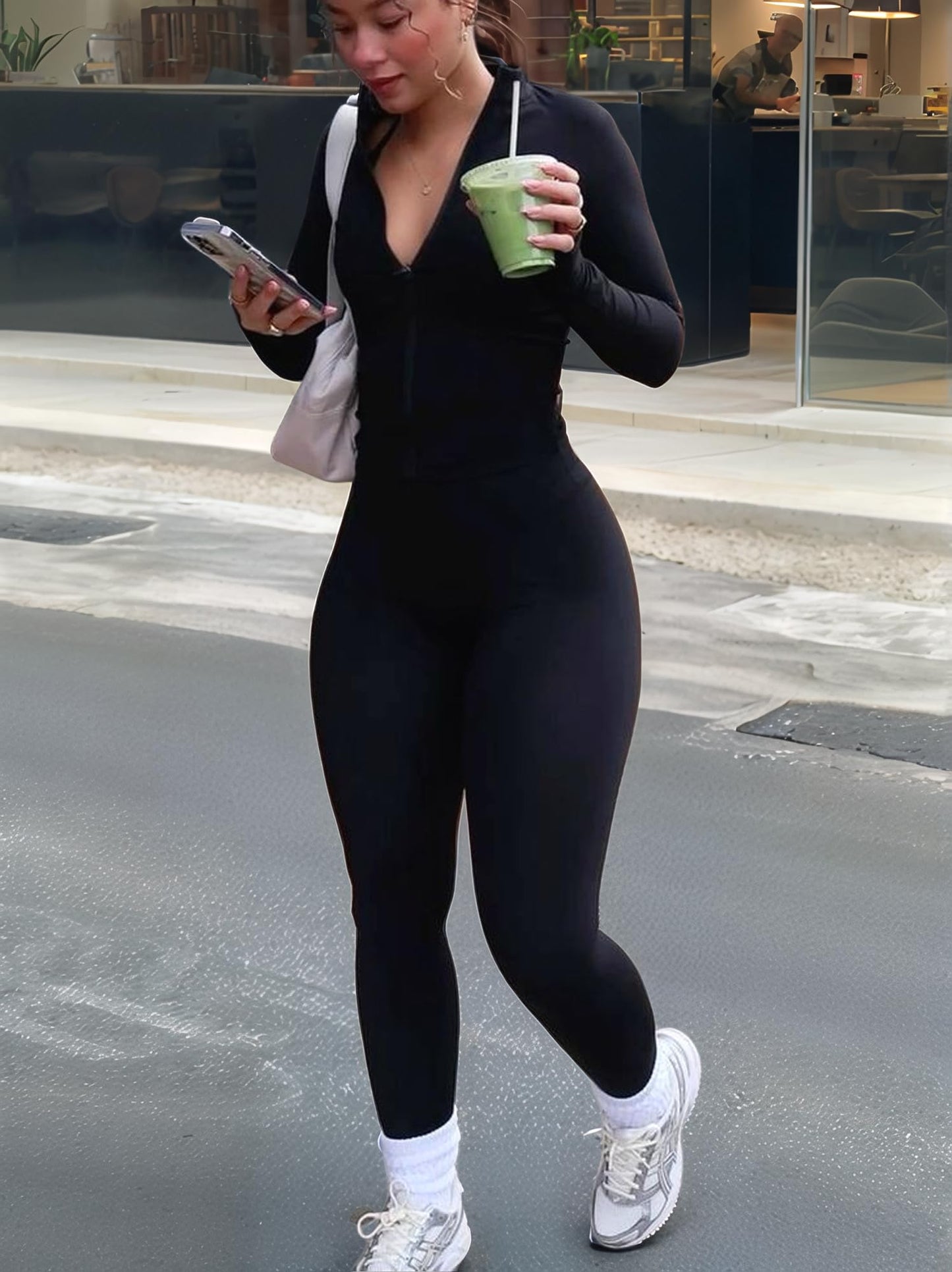 UOUA Two Piece Outfits Women Tracksuit Sets Long Sleeve Zip Up Jacket & Leggings for Gym Workout Set Black L