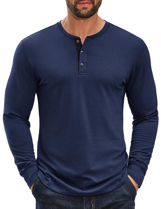 COOFANDY Men's Henley Long Sleeve T Shirts 3 Button Tee Shirts Casual Cotton Pullover Tops Soft Stretch Tshirt Navy Blue