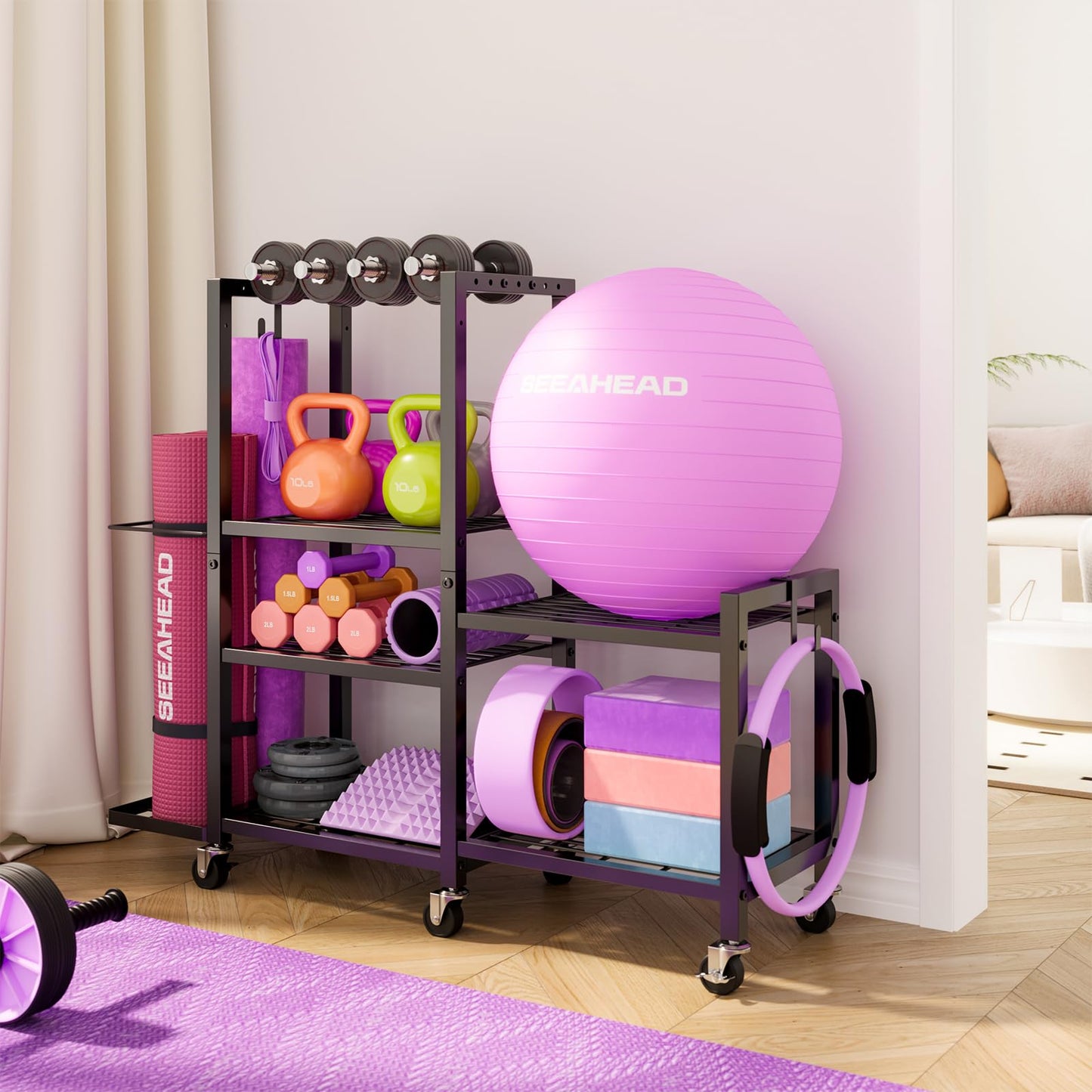 6-Tier Home Gym Storage Rack with Wheels, Dumbbell Weight Rack and Yoga Mat Organizer, Multi-Purpose Gym Equipment Storage Stand for Home Gym Accessories