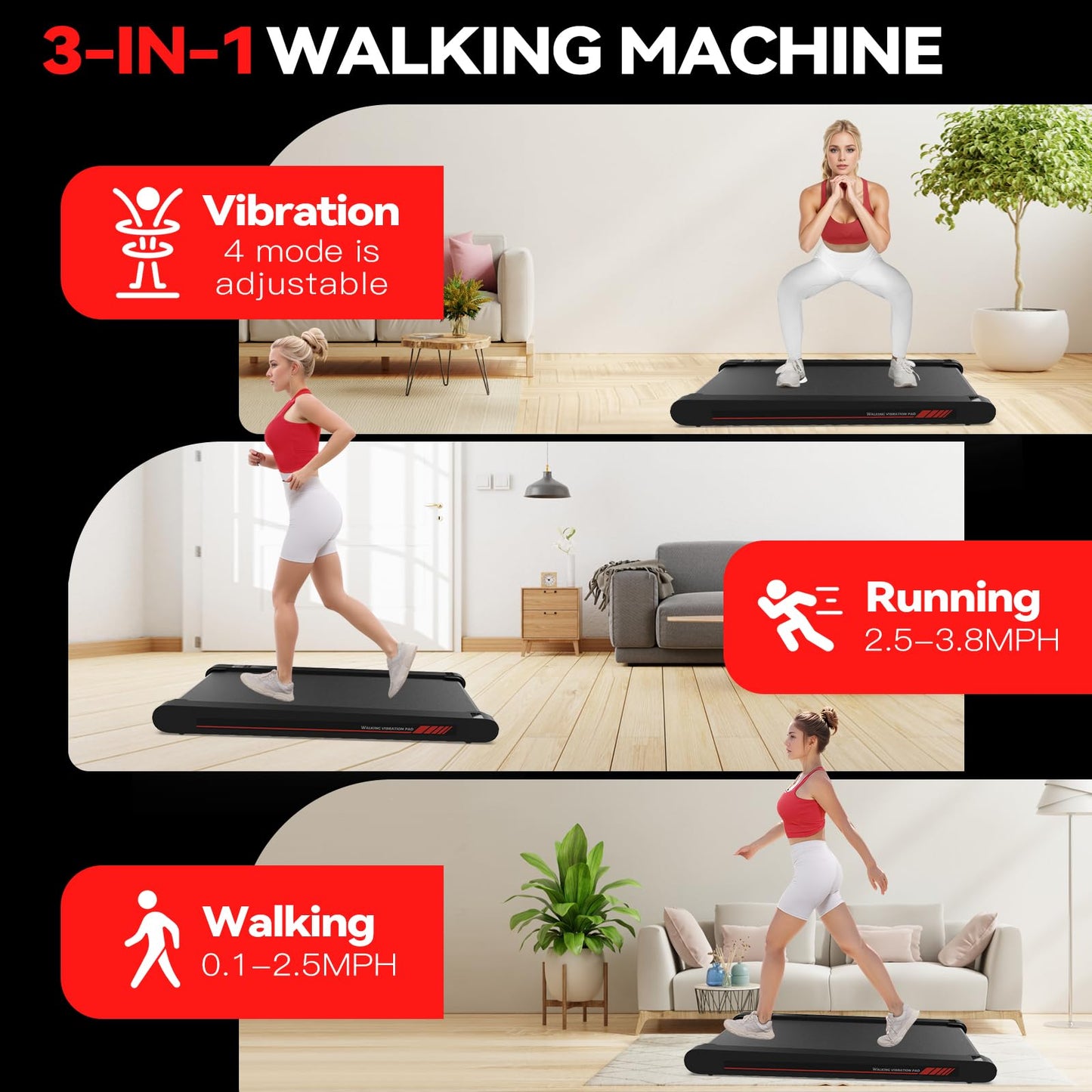 Walking Pad Treadmill with APP, 3 in 1 Under Desk Treadmills, 2.5HP Low Noise Walking Vibration Pad with Remote Control,Portable Treadmill for Home Office, Red