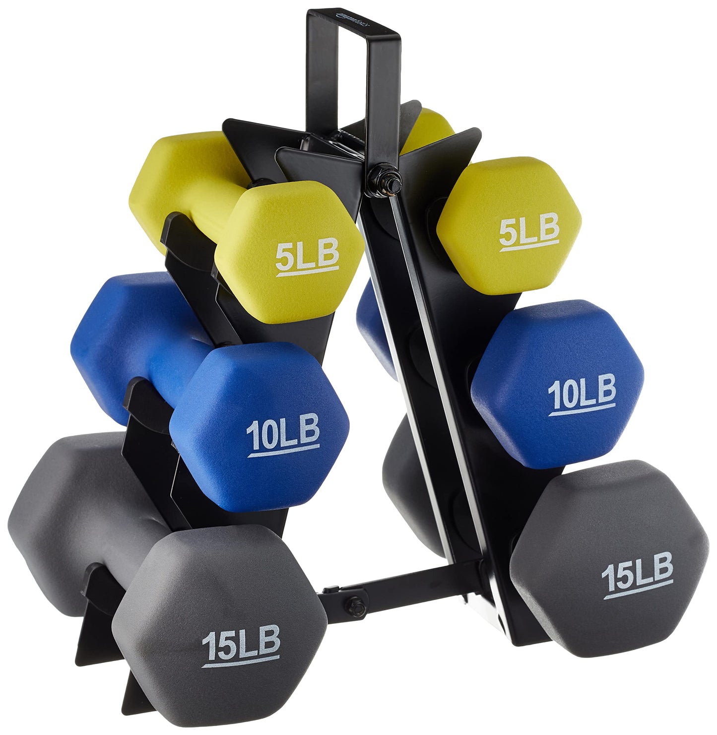 Amazon Basics Neoprene Dumbbell Hand Weights, Rack with 3 Pairs (5, 10, and 15 Pounds), Green/Blue/Grey