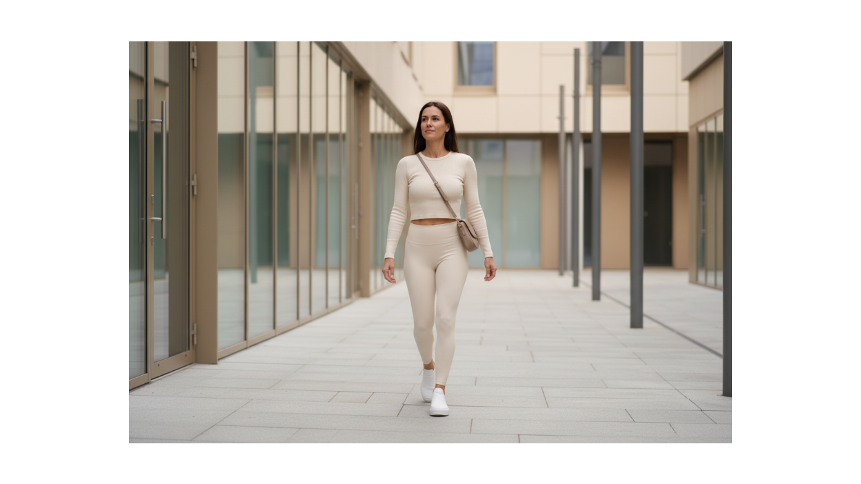 A confident woman walking forward with purpose, wearing modern neutral activewear and clean white sneakers. The scene feels elevated and lifestyle-focused, similar to a fashion editorial but grounded in everyday movement. Soft natural lighting, minimalist urban background, muted tones (beige, grey, soft taupe). No gym equipment, no mirrors, no logos. Calm confidence, effortless strength, wellness lifestyle aesthetic. Shot at waist to full-body level, cinematic, high-end, realistic photography style.