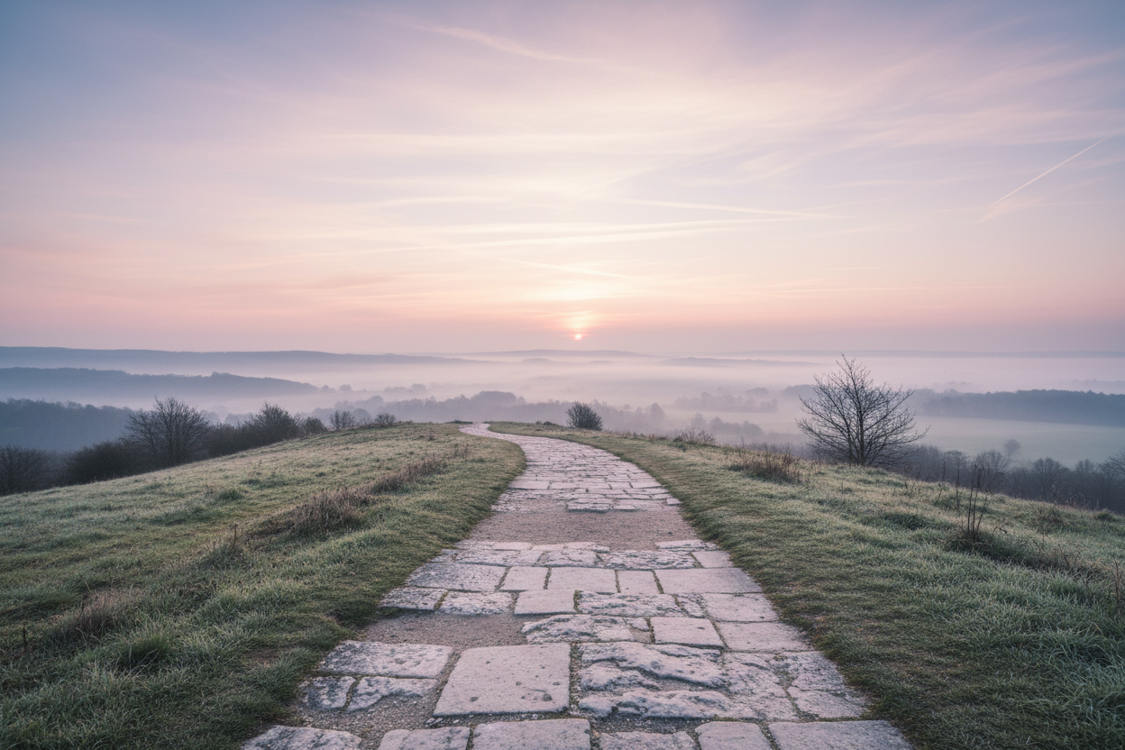 An outdoor early-morning scene with soft diffused light. A quiet path or overlook at sunrise with pale sky tones and gentle mist. Empty scene with no people. Subtle horizon, muted colors, open space, and a feeling of exhale and pause. Minimal, atmospheric, and calm. Editorial wellness photography style. Natural textures, soft contrast, emotionally grounding. No text, no symbols, no branding.